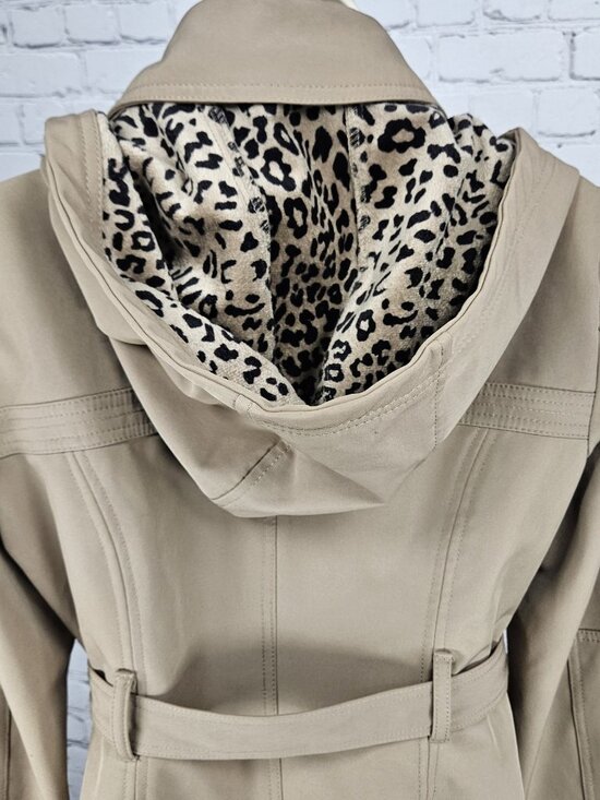 Nicole Miller Tan Leopard Removable Hood Belted Trench Soft Shell Long Coat S - Picture 10 of 16